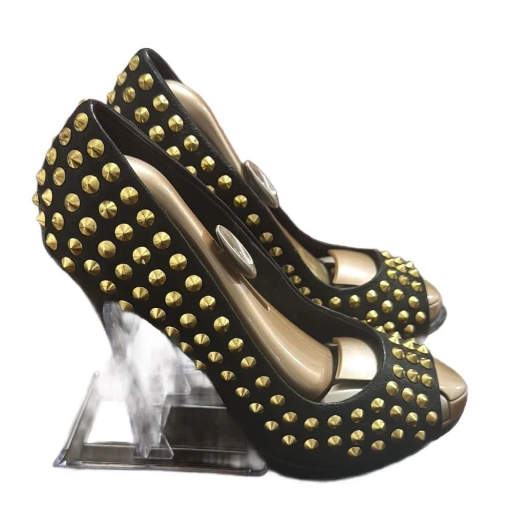Rock Republic Black Stilettos Gold Studded Peep Toe Platform Shoes Women's 37